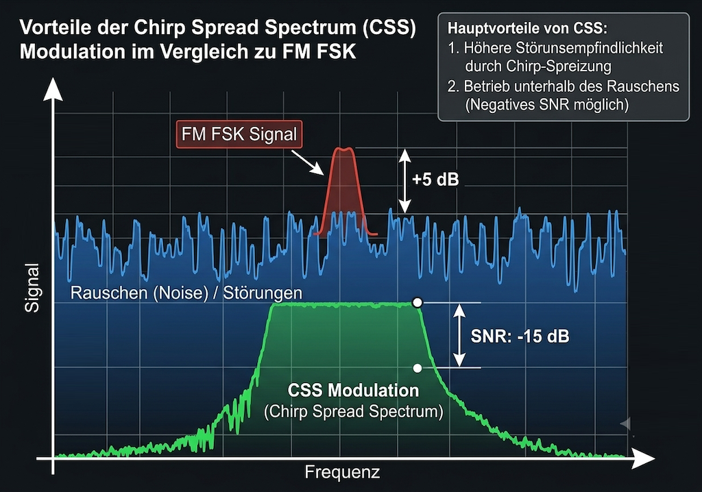 Diagram: an FM-FSK signal sticks +5 dB above the noise, while the CSS signal sits at −15 dB SNR below the noise and still decodes
