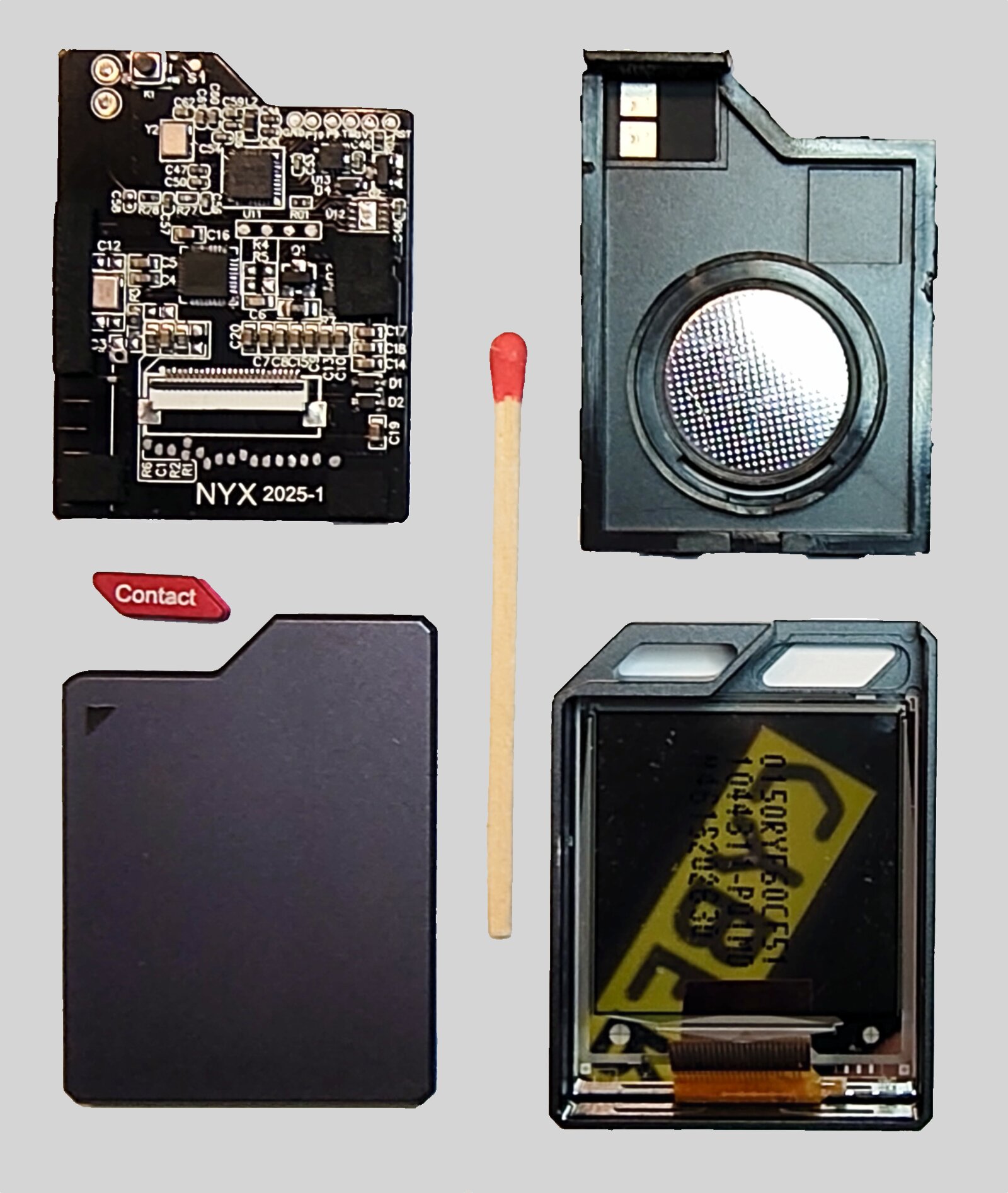Exploded view of the receiver: PCB with SAMR34, case frame with inserted CR2032 coin cell, red contact button, case cover and e-ink display module - next to a match for scale
